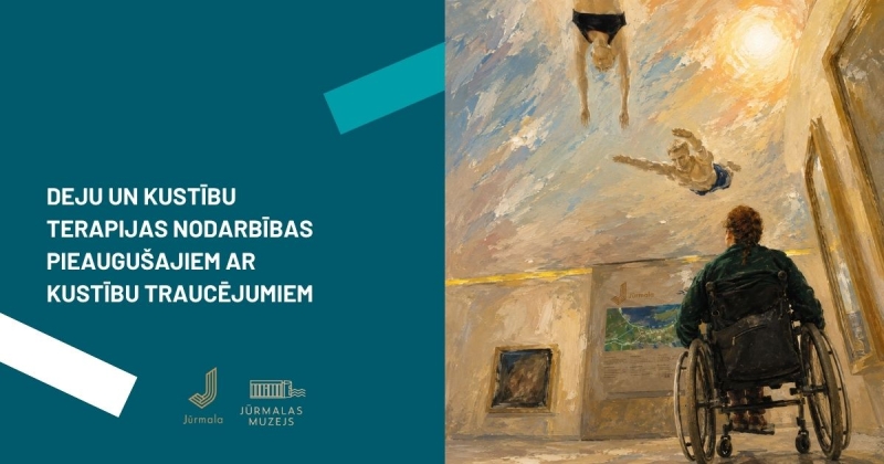 Informatīvs baneris, labajā pusē cilvēks ratiņkrēslā vēro peldētājus
