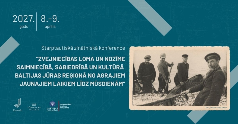 Konferences baneris - kreisā puse konferences nosaukums, labā puse svejnieki jūras ,alā ar zvejas lomu 
