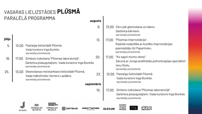 baneris ar nosaukumu un divās kolonnās izstādes paralēlās programmas datumi un nosaukumi