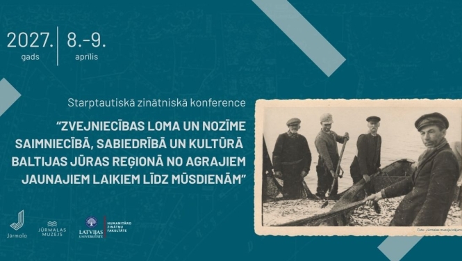 Konferences baneris - kreisā puse konferences nosaukums, labā puse svejnieki jūras ,alā ar zvejas lomu 
