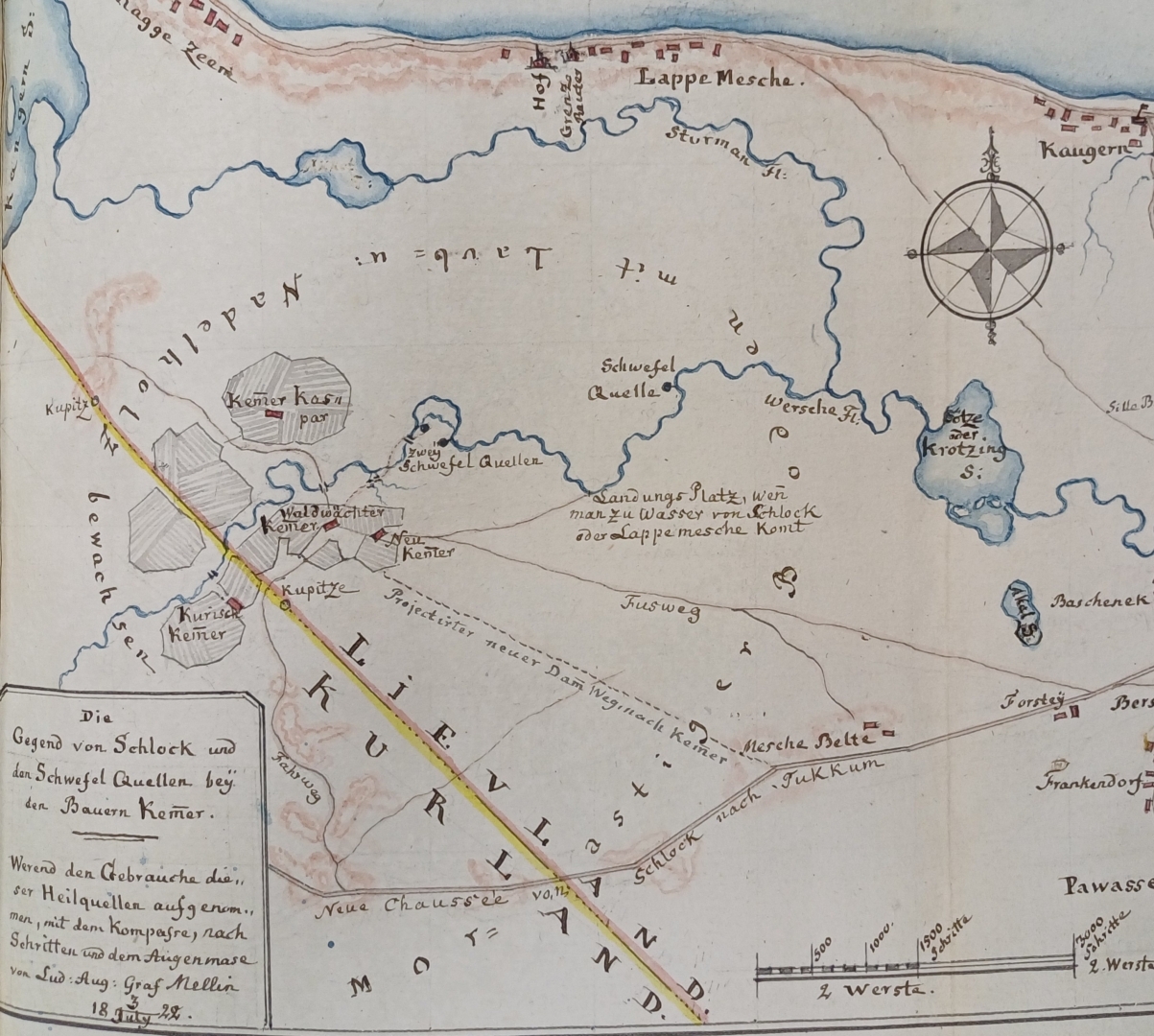 1822. gada Slokas–Ķemeru apkārtnes plāns ar iezīmētiem dziedniecības avotiem pie Vidzemes-Kurzemes robežas. Vācu valodā.  