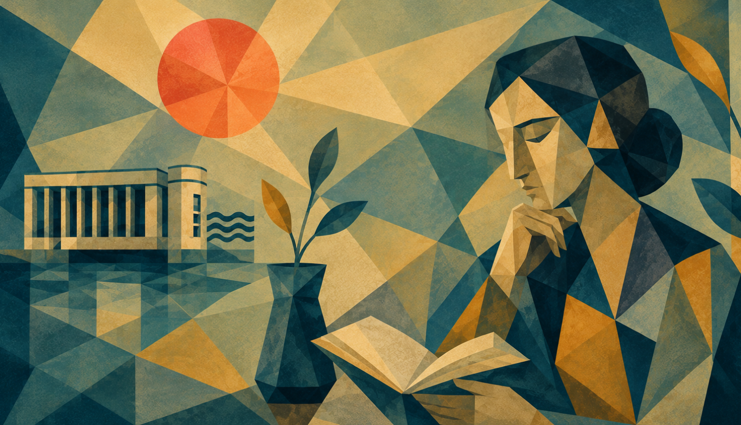 Grafiska glezna ar Jūrmalas muzeja ēku kreisajā pusē virs tās oraņ'xa saule un sēdoša sieviete ar atvērtu grāmatu rokās labajā pusē. 