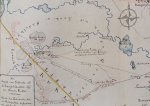 1822. gada Slokas–Ķemeru apkārtnes plāns ar iezīmētiem dziedniecības avotiem pie Vidzemes-Kurzemes robežas. Vācu valodā.  